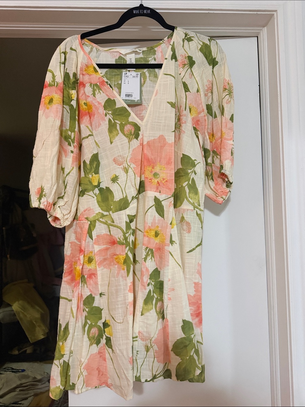 Floral V-Neck Puff Sleeve Summer Dress - Pink & Green